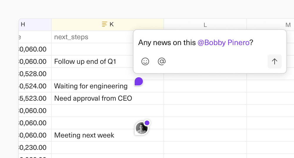 A screenshot of a comment on a cell in a spreadsheet, with an @ mention