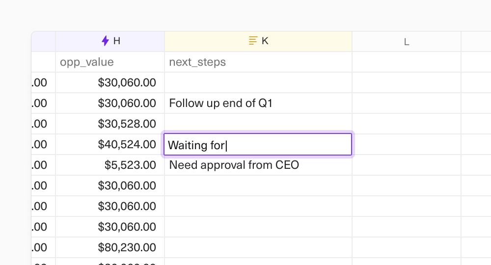 A screenshot of a note being added to a row of CRM data, in a spreadsheet