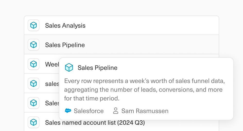 A view of a list of saved queries with a detail popover visible for the sales pipeline saved query