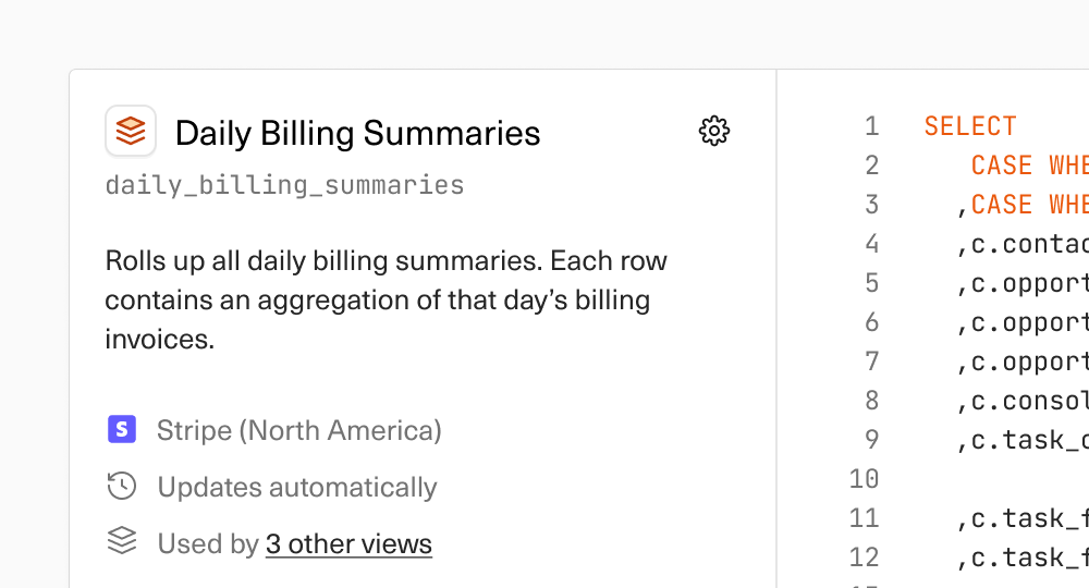 A screenshot of the Equals views editor, witha an example daily billing summaries view