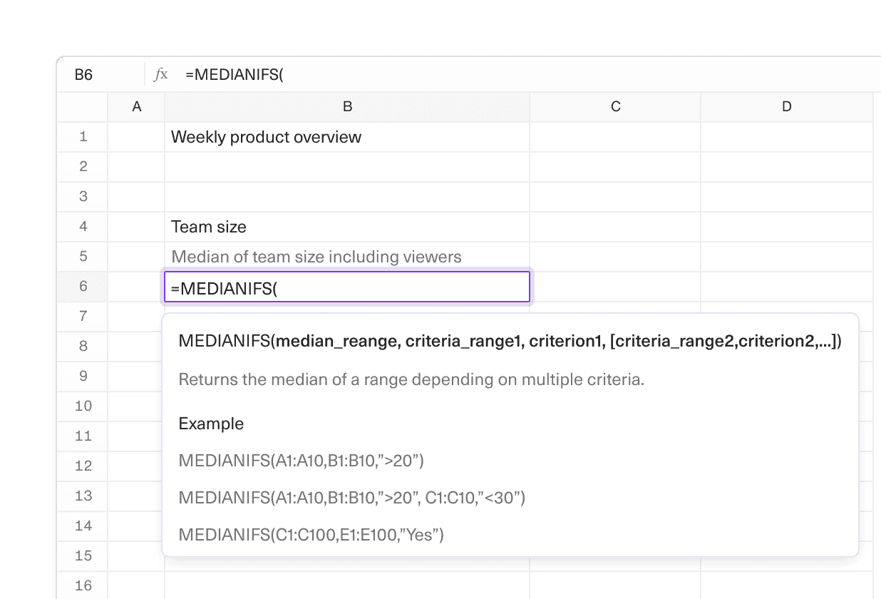 An image of the MEDIANIFS formula in an Equals spreadsheet.