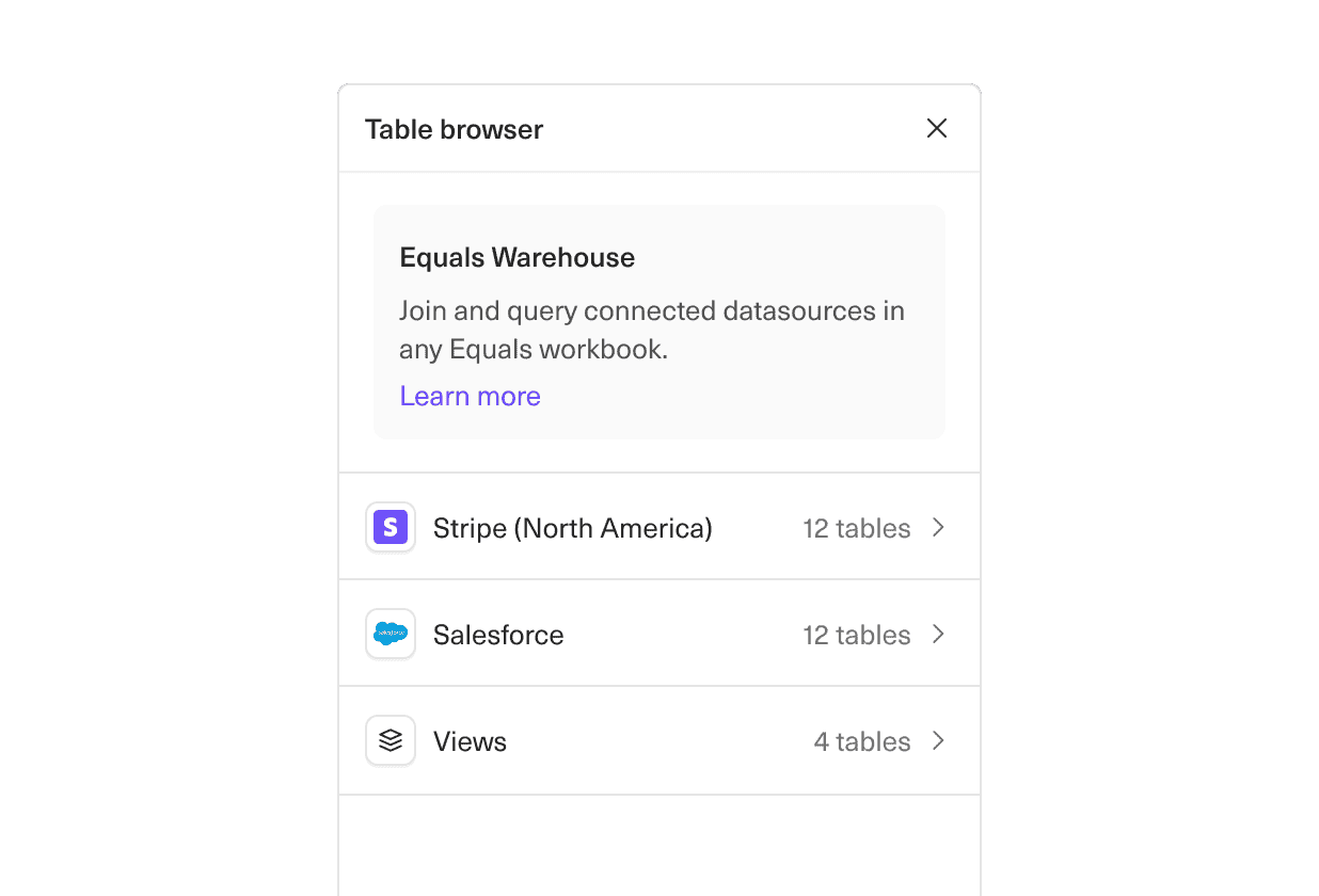An image of the Equals warehouse table browser showing Stripe and Salesforce connections.
