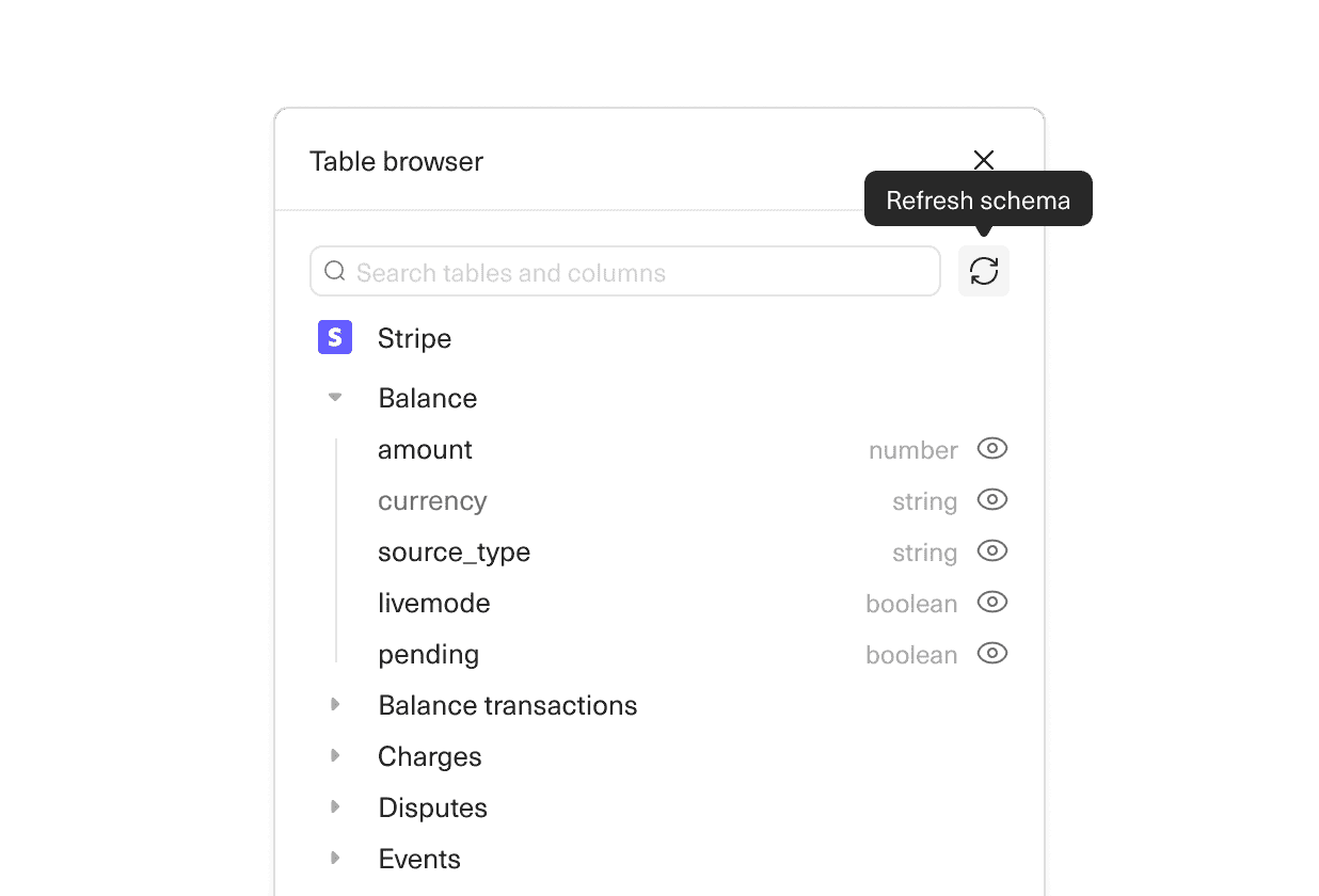 An image of a portion of the Equals spreadsheet displaying the refresh schema button.