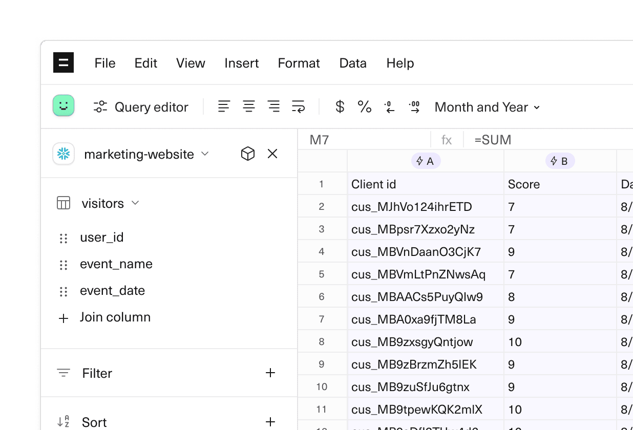 An image of the query builder in a zoomed in version of an Equals spreadsheet.