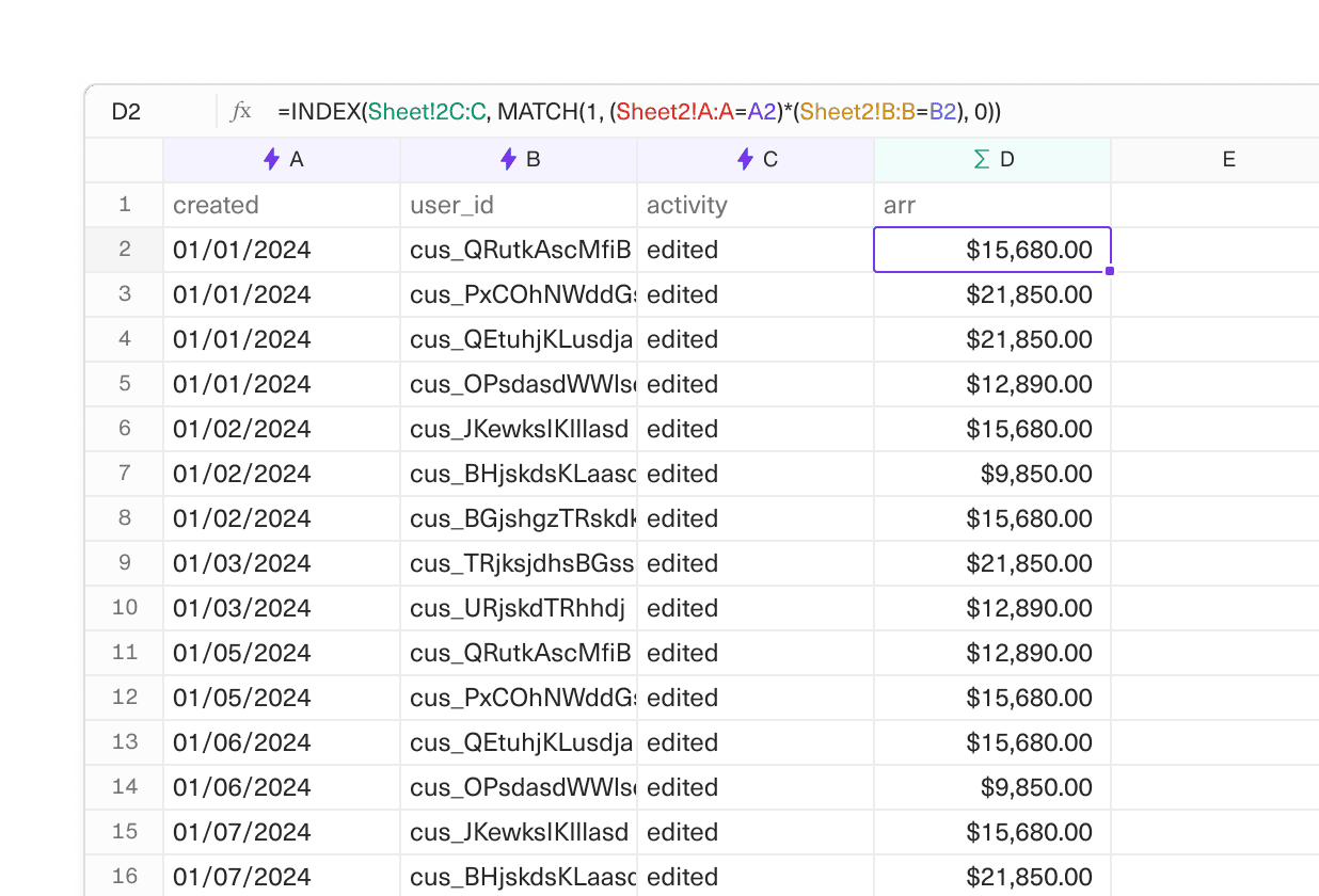 A zoomed in Equals sheet displaying multiple criteria in a MATCH formula.