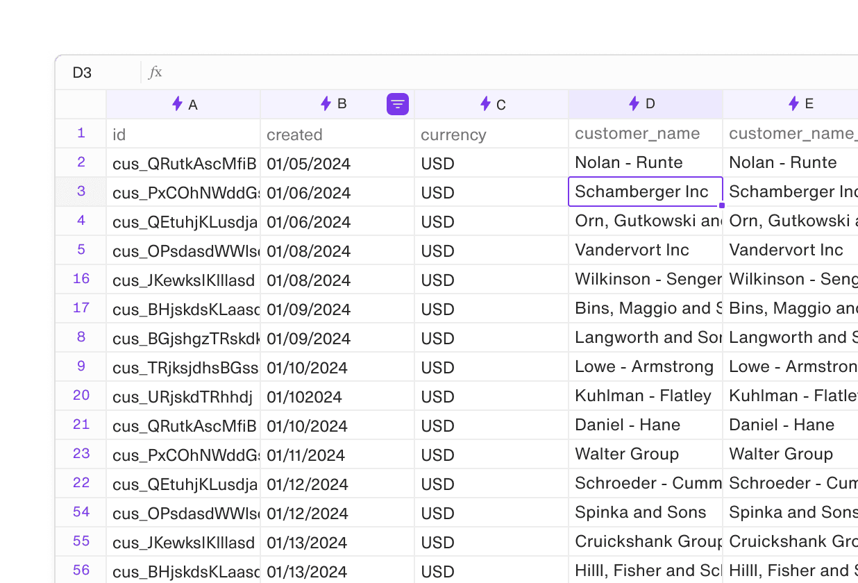 An image of a portion of an Equals sheet with a filter applied over queried output and a cell selected.