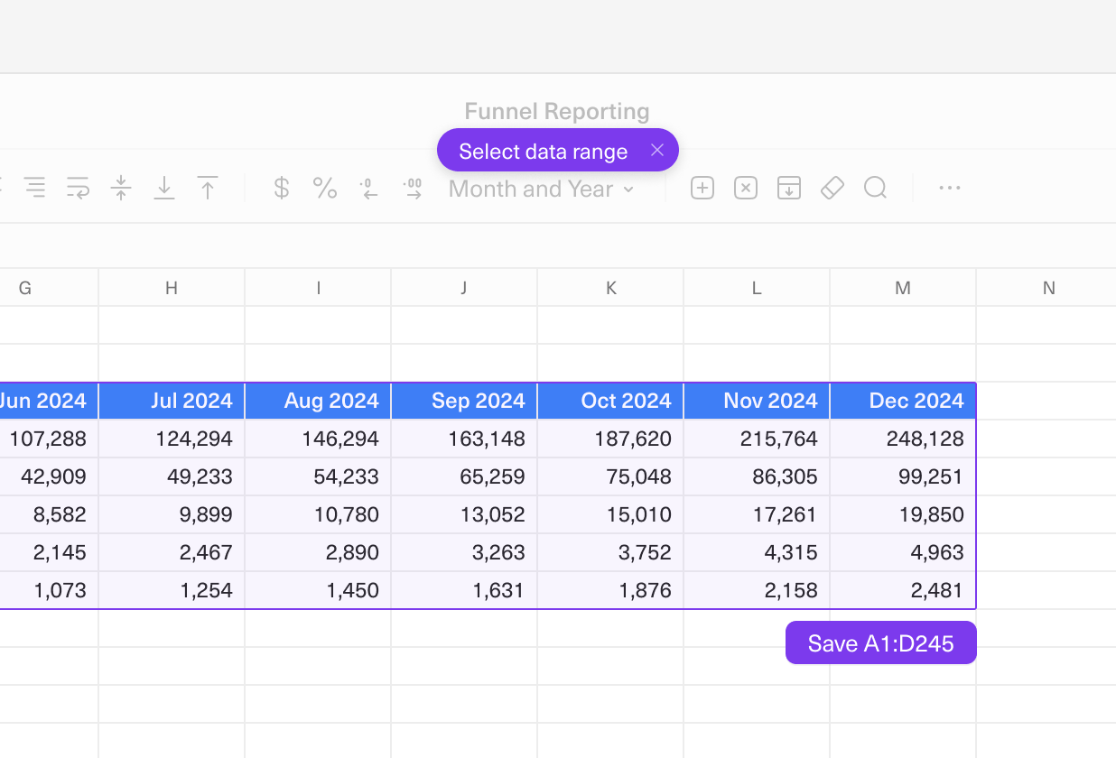 A zoomed in portion of an Equals sheet showcasing a new button for selecting a data range to be displayed in a chart or pivot.