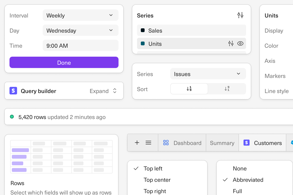 A screenshot of the menus, sheet navigation, alerts, modals, and more in Equals.