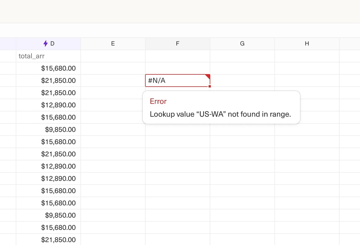 Image of a spreadsheet with a detailed error message in errored cell.