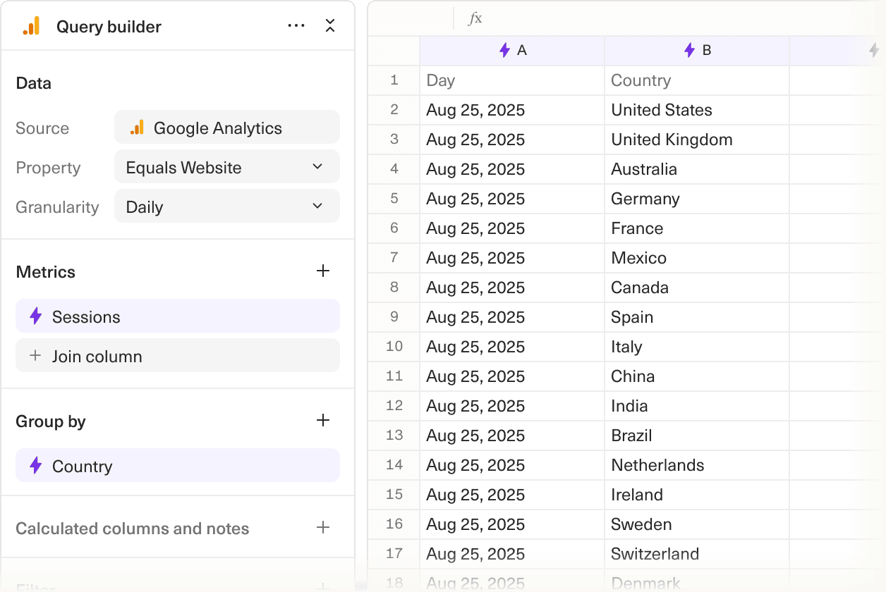 A screenshot of the modals used to query from Google Analytics in Equals.