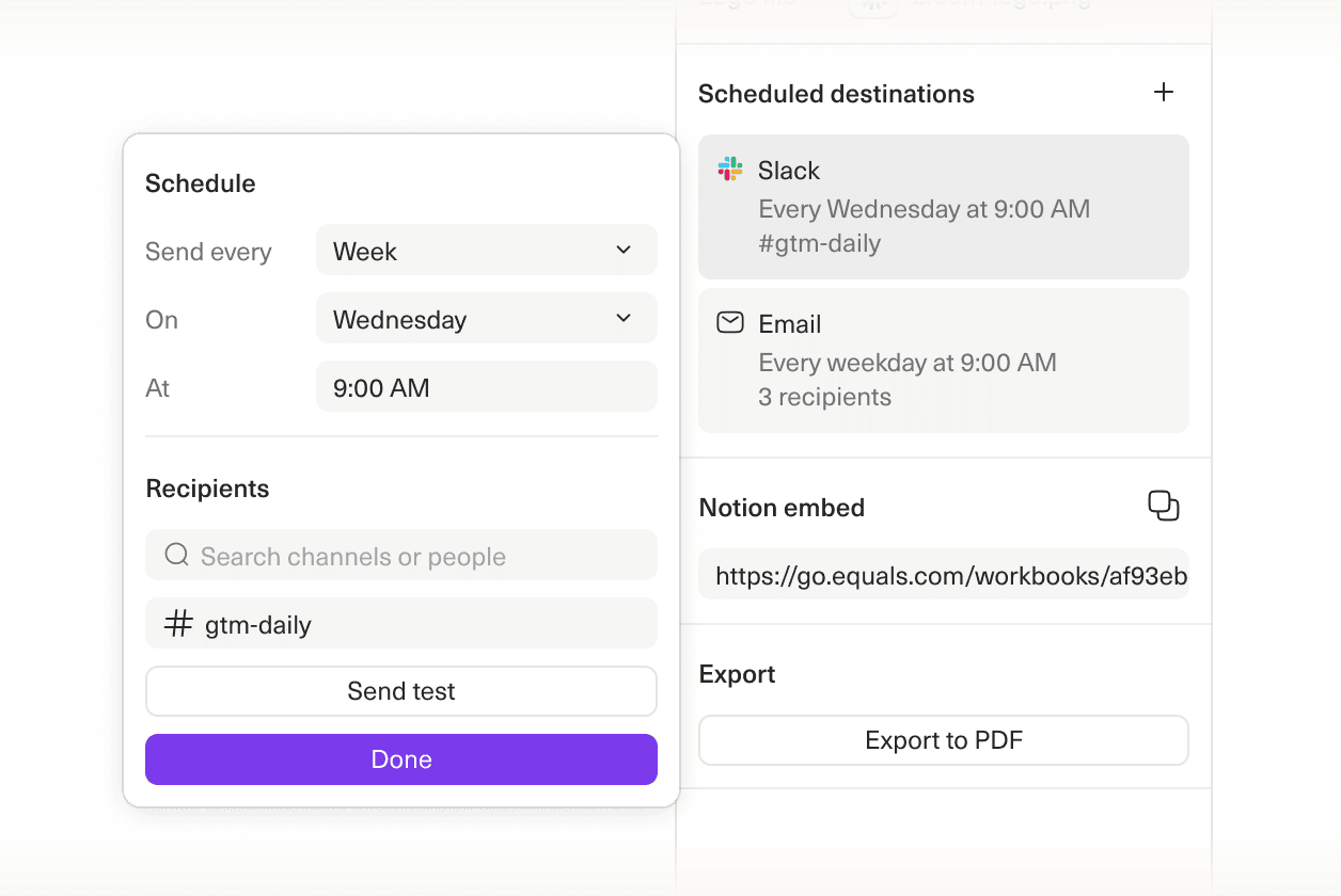 An image of the send to Slack scheduler in Equals.