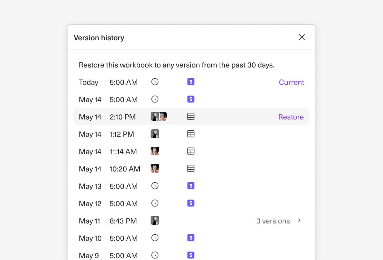 Image of the version history modal in Equals that shows activity in a workbook and restorable versions.