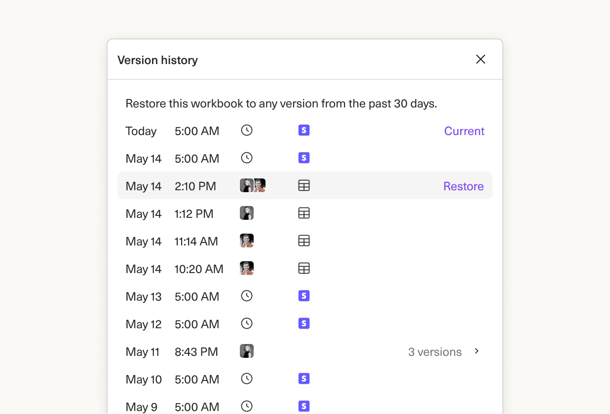 Image of the version history modal in Equals that shows activity in a workbook and restorable versions.