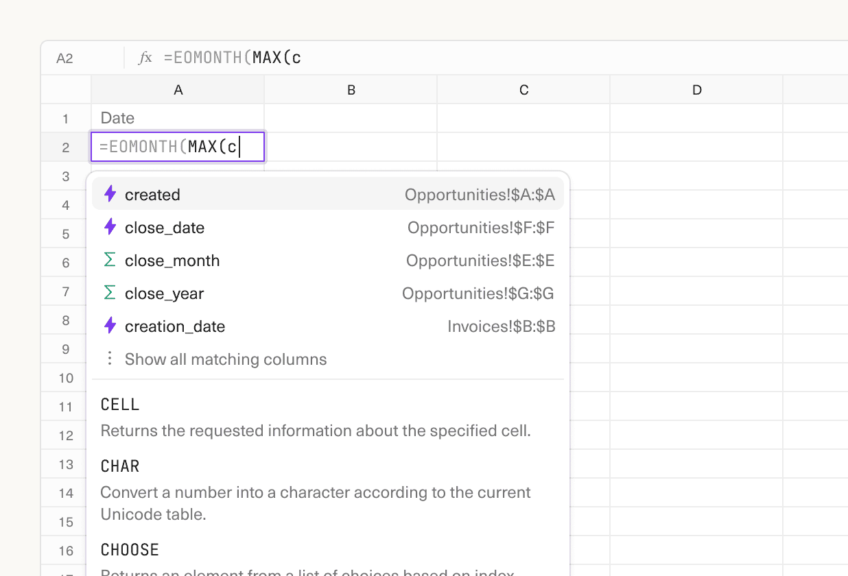 A spreadsheet zoomed into a cell that has a formula being written showcasing the new autocomplete drop down.