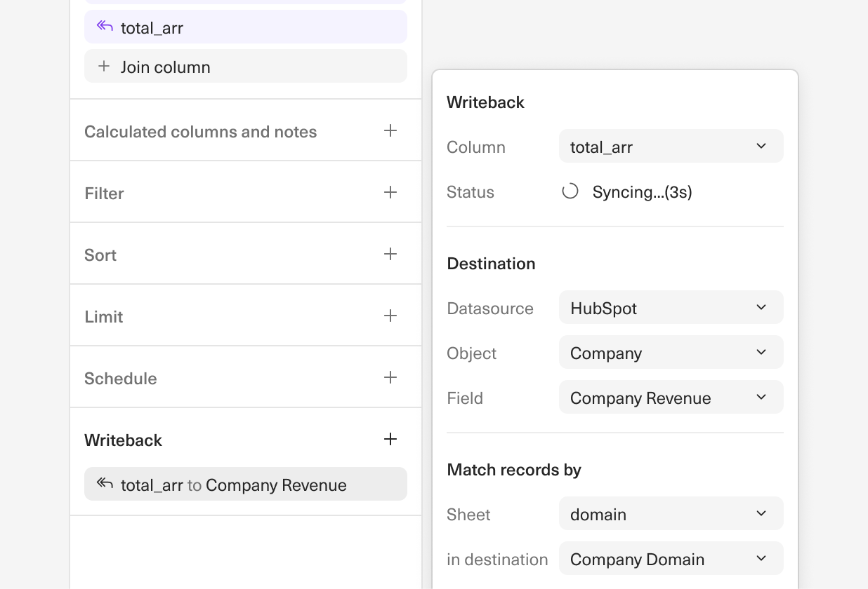 An image of the Equals query builder with a writeback of ARR values to HubSpot in progress.