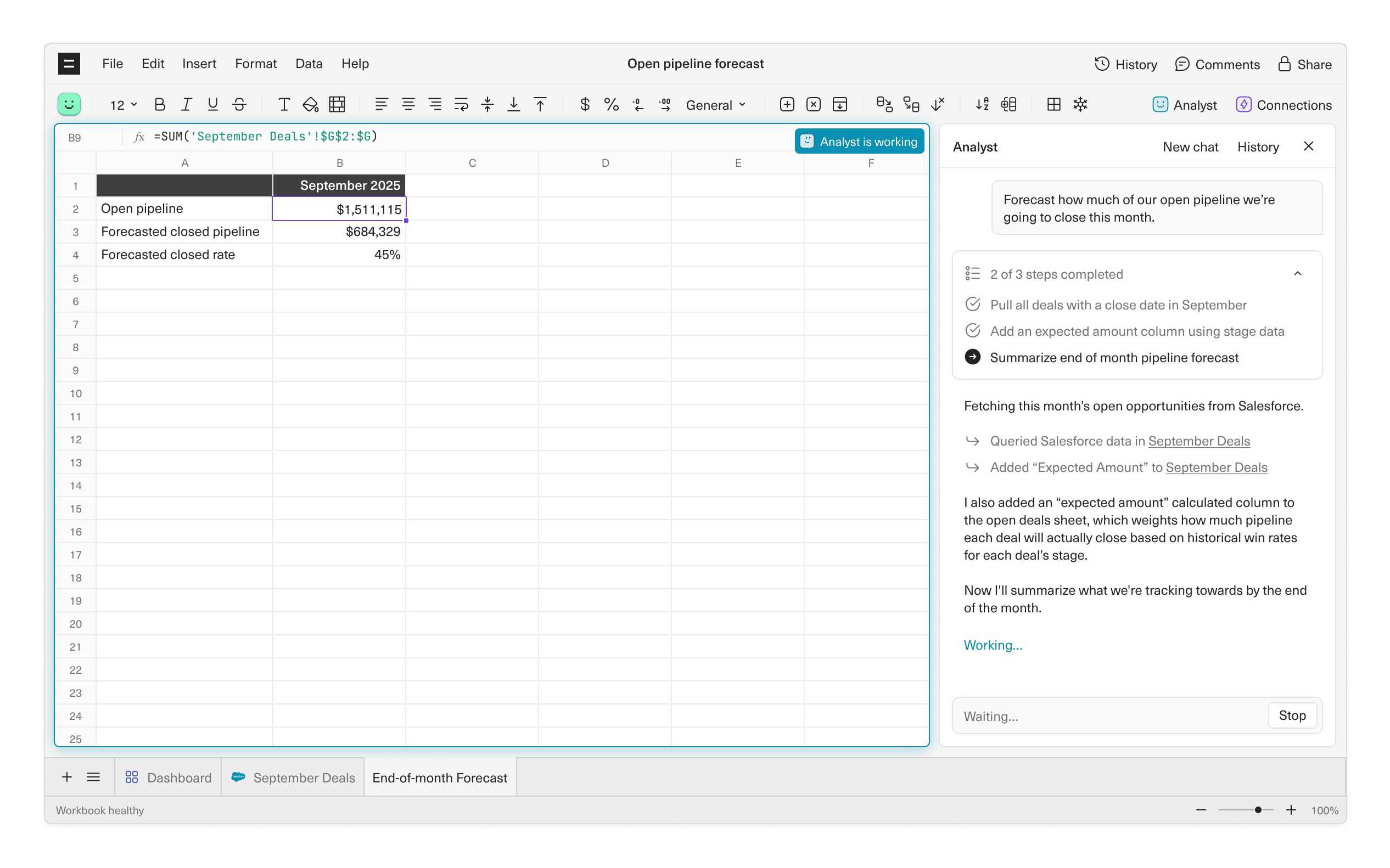 A screenshot of Analyst building a spreadsheet with live data from Salesforce.