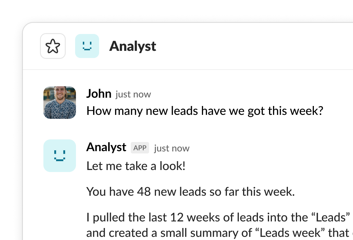 A Slack DM where a user is asking Analyst how many new leads they got so far this week.