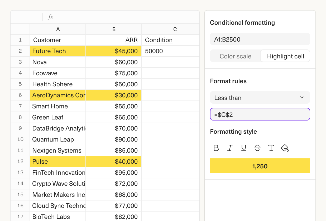 Image of setting up rules for conditional formatting in Equals sheets.