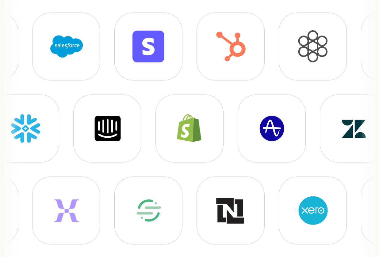 Logos of the new datasources supported by Equals AI Analyst, including Salesforce, HubSpot, Stripe, Snowflake, Intercom, Shopify, Amplitude, Zendesk, Mixpanel, Segment, NetSuite, and Xero.