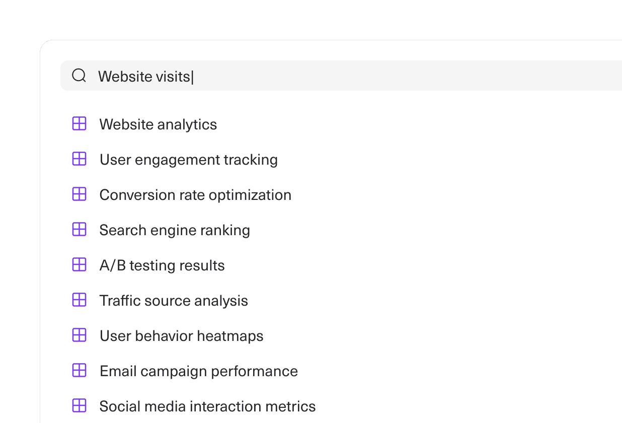 Image of the Equals workspace search bar with the query 'Website visits' surfacing matching workbooks like Website analytics, User engagement tracking, and Conversion rate optimization.