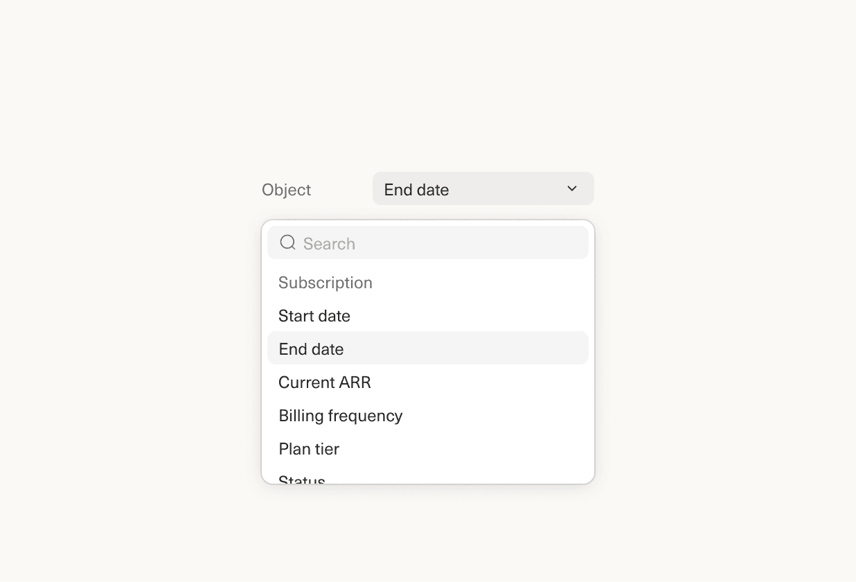 Object dropdown in the Equals writeback configuration showing Salesforce objects including Subscription, Start date, End date, Current ARR, Billing frequency, Plan tier, and Status.
